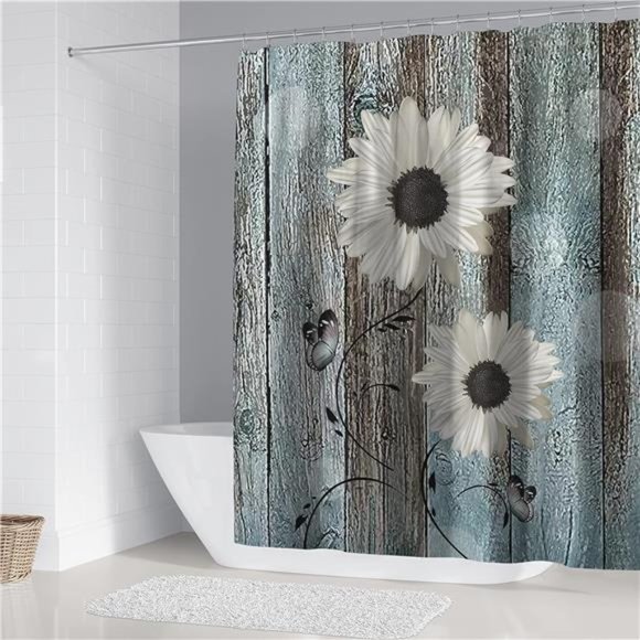 White Daisy Flower Shower CurtainSets with Rugs 4Piece Rustic Flower Floral Wood - Picture 3 of 7
